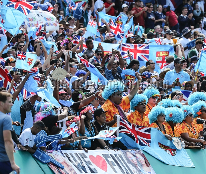 2018RugbySevensSat-21.JPG - Fiji fans cheer following a try in the men's championship quarter finals of the 2018 Rugby World Cup Sevens, Saturday, July 21, 2018, at AT&T Park, San Francisco. Fiji defeated Argentina 43-7. (Spencer Allen/IOS via AP)